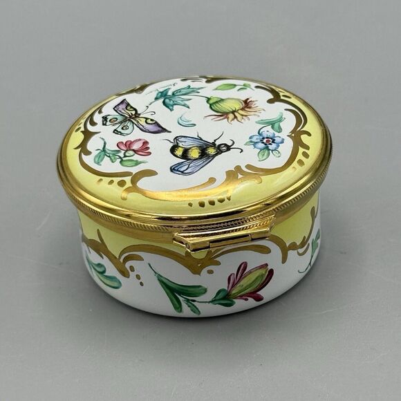 Vtg Round Porcelain Hinged Trinket Box Signed Butterflies Ladybug Flowers Gilt - Picture 4 of 11
